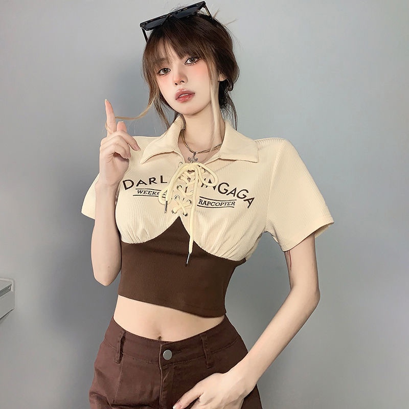 Mới Áo Thun Polo Dáng Ngắn Ôm Eo Phối Màu Tương Phản Kiểu retro Thời Trang Cho Bạn Gái Y2K