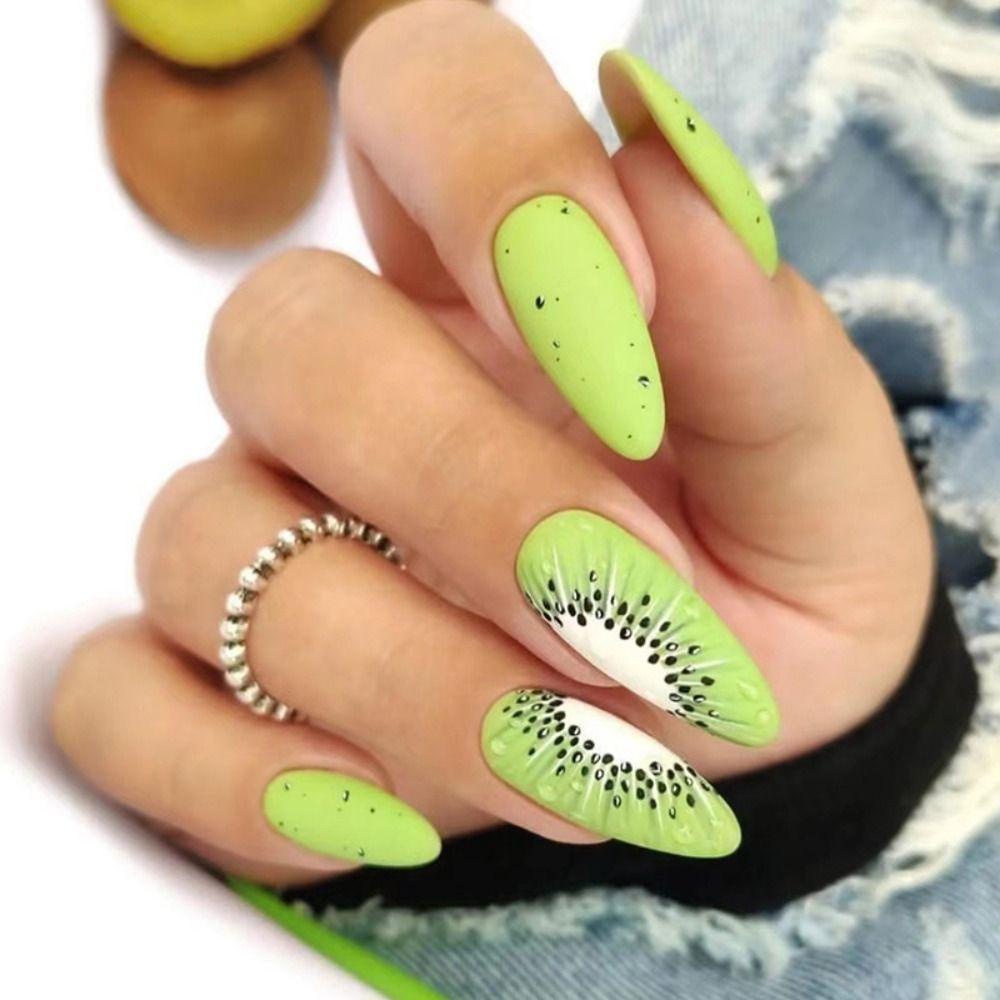 Bộ 24 Móng Tay Giả Che Phủ Toàn Diện In Họa Tiết Báo Hồng / Kiwi Xinh Xắn