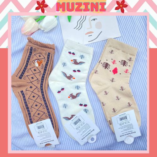 Vớ nữ Muzini tất cổ cao nâu tây họa tiết nhí cực dễ thương TN228