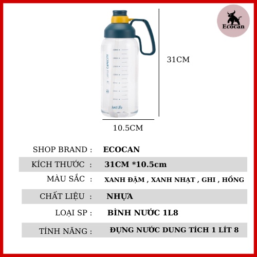 Bình nước 1800 ml có tay cầm Tặng kèm ống hút ❤️RẺ VÔ ĐỊCH❤️ Bình nước 1 lít 8 siêu to khổng lồ | BigBuy360 - bigbuy360.vn
