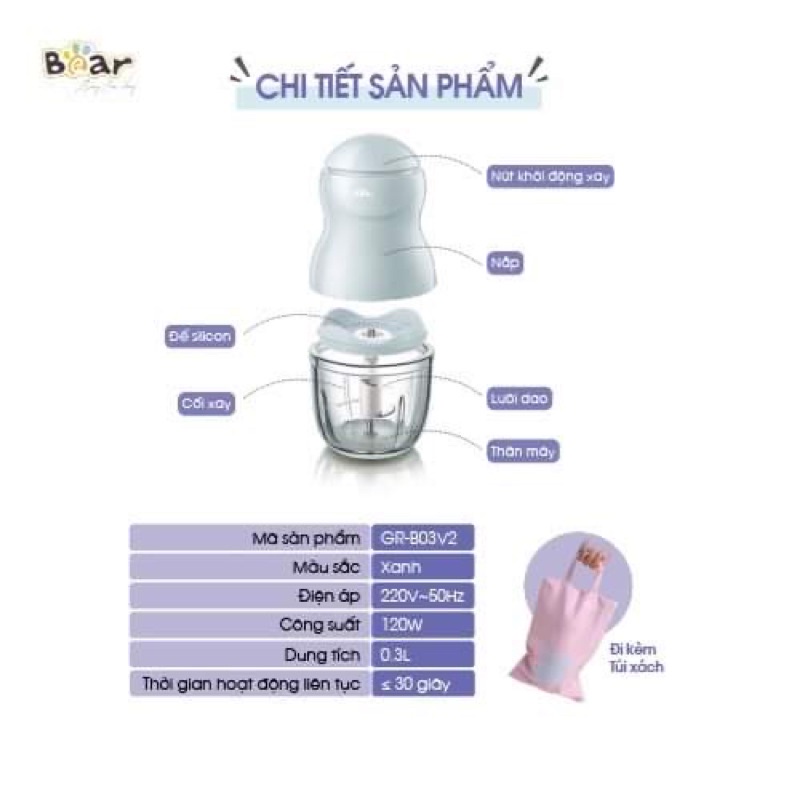 Máy xay đa năng Bear 0,3l, máy xay sinh tố, xay thịt, xay hạt chế biến ăn dặm cho bé bản quốc tế