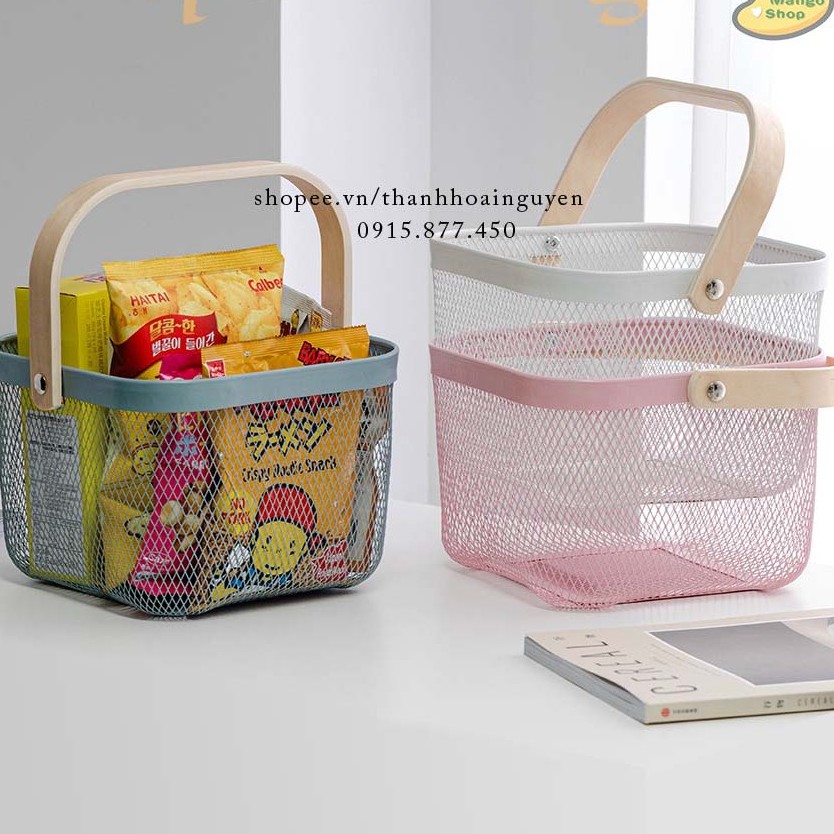 Giỏ đựng đồ sang trọng tay cầm gỗ phong cách Bắc Âu ( Rổ Sắt to đi picnic đựng hoa quả đồ ăn vặt vintage )