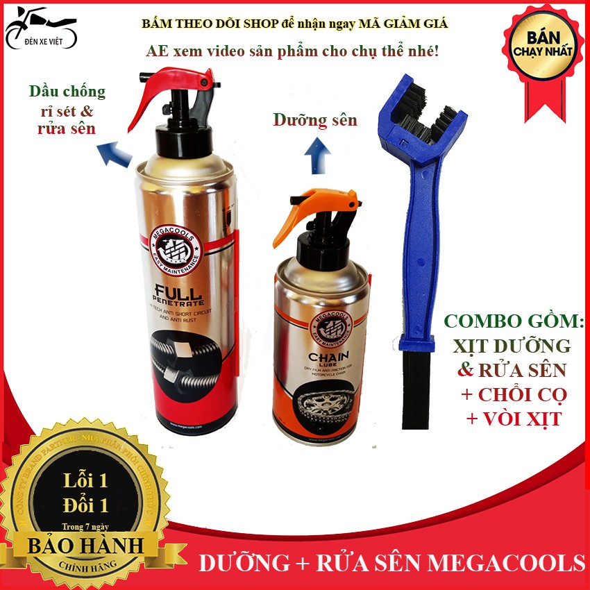 COMBO 3 MÓN XỊT DƯỠNG SÊN (XÍCH) 300 ML và RỬA SÊN 500 ML và CHỔI CỌ - CHÍNH HÃNG MEGACOOLS GIÚP DÂY SÊN CHẠY CỰC ÊM ÁI