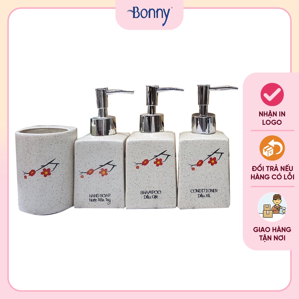 Bình sứ đựng nước rửa tay, lọ sứ đựng dầu gội, sữa tắm gốm sứ Bát Tràng cao cấp, bình dáng vuông hoa đào 300ml