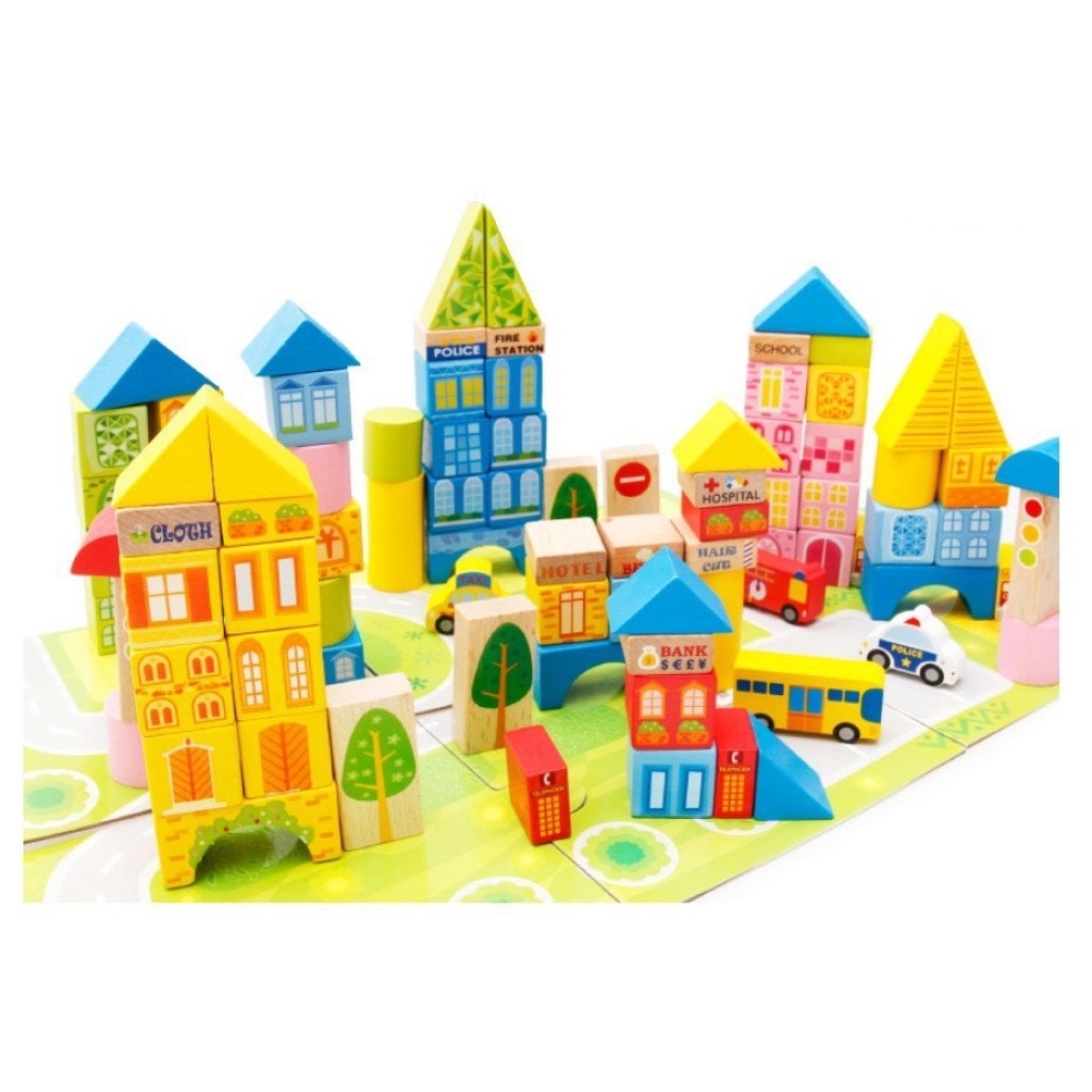 Đồ chơi xếp hình mô hình thành phố 62 chi tiết bằng gỗ - đồ chơi trí tuệ Bonkids toys