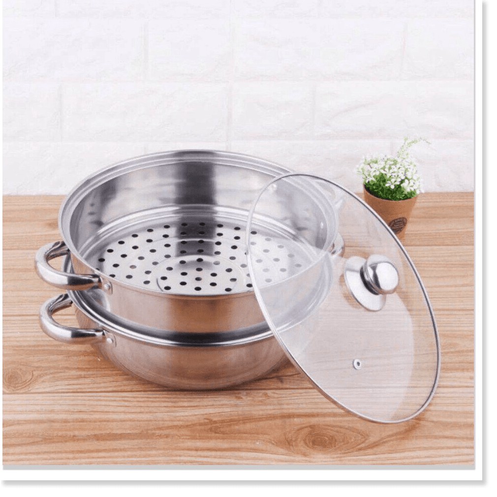 NỒI HẤP INOX 2 TẦNG ĐA NĂNG, NỒI CÁCH THỦY DÙNG ĐƯỢC CHO BẾP TỪ (SIZE 28CM) - NOIHAP2T