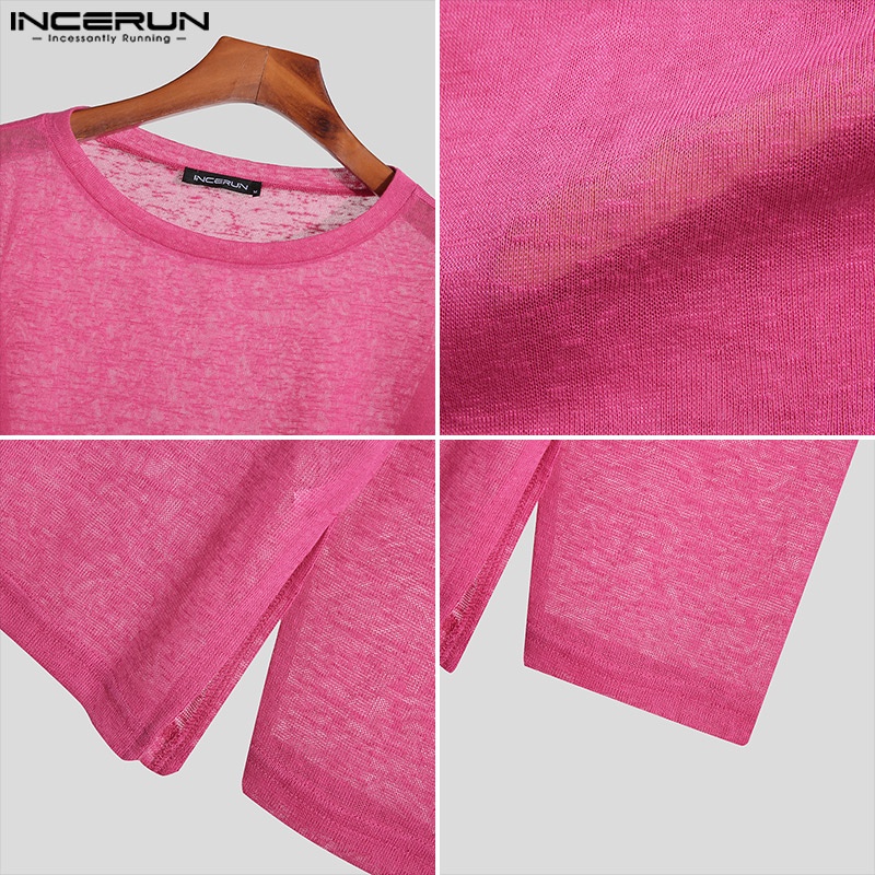 Áo thun INCERUN tay dài cổ tròn phối lưới xuyên thấu 3 màu sắc tùy chọn cho nam