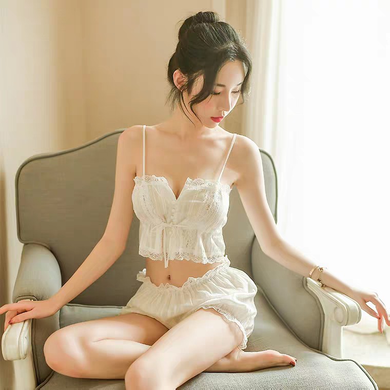 Bộ đồ ngủ mặc nhà màu trắng phối ren quyến rũ/ Bộ ngủ sexy siêu hot