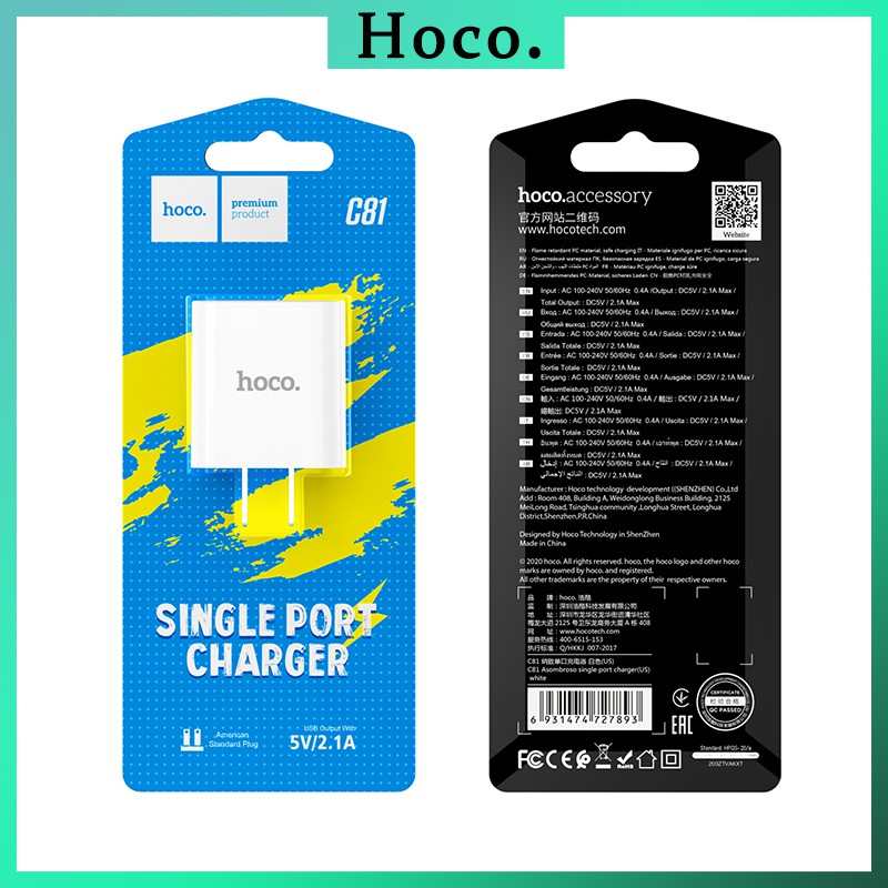 Củ sạc Hoco C81 2.1A cổng cốc sạc nhanh USB chất liệu PVC an toàn dành cho iPhone Samsung Huawei Xiaomi Oppo cục sạc