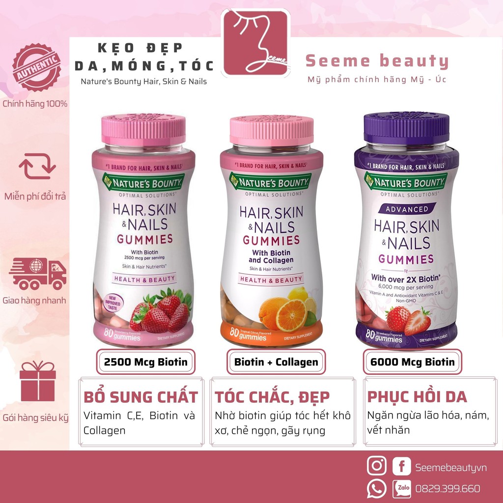 [Mã COSDAY - 50k đơn 250k] Kẹo Dẻo Nature's Bounty Hair, Skin & Nails Gummies Làm Đẹp Da, Tóc 80 viên [SeeMe beauty]