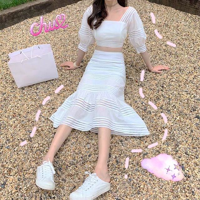 Set Trắng Áo Cổ Vuông Dáng Lửng + Chân Váy Đuôi Cá Dáng Dài Dạo Phố Xinh Xắn S00023 | BigBuy360 - bigbuy360.vn