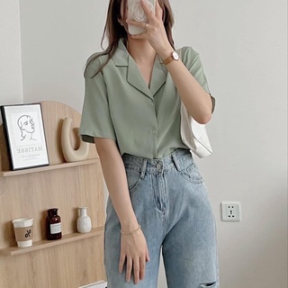 Sơ mi lụa cổ vest tay ngắn (ảnh thật/ có sẵn)