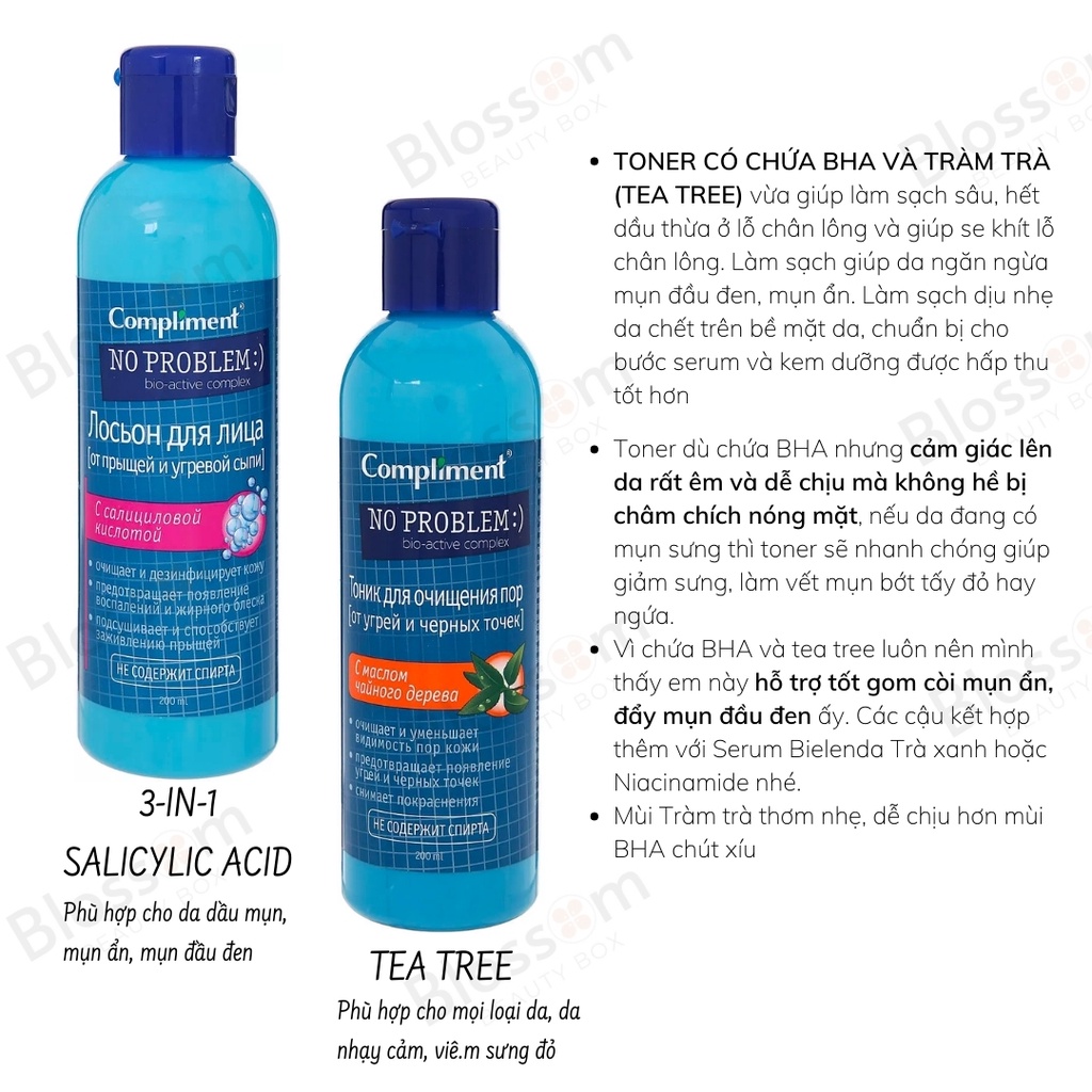 Toner da dầu mụn NO PROBLEM compliment chứa BHA Salicylic Acid, Tea tree