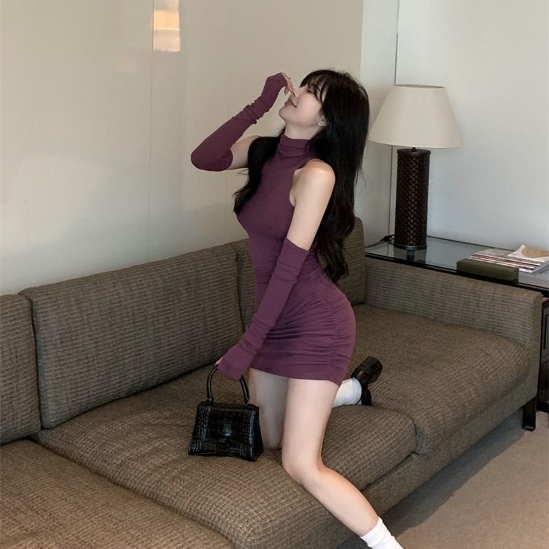 ZHELIHANGFEI Váy lưng cao cổ dài tay treo cổ túi đeo hông váy gợi cảm eo ngắn váy ngắn