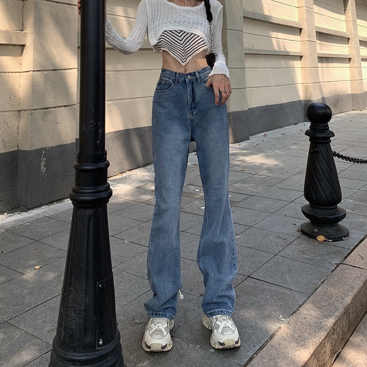 Quần jean ống rộng lưng cao thời trang Hàn Quốc sành điệu cho nữ