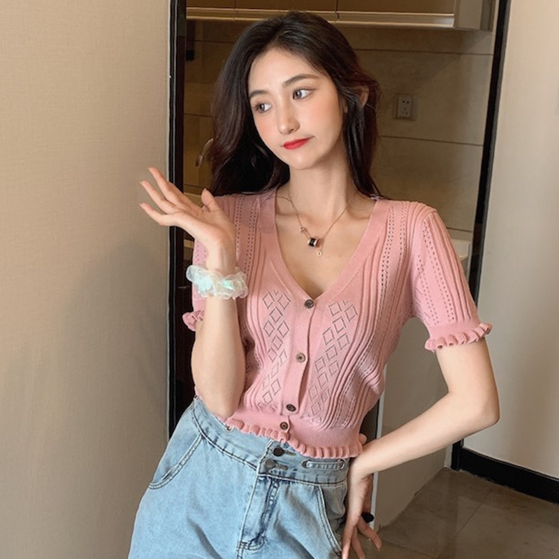 SUXI Áo Croptop Dệt Kim Tay Ngắn Thiết Kế Cổ Chữ V Thanh Lịch