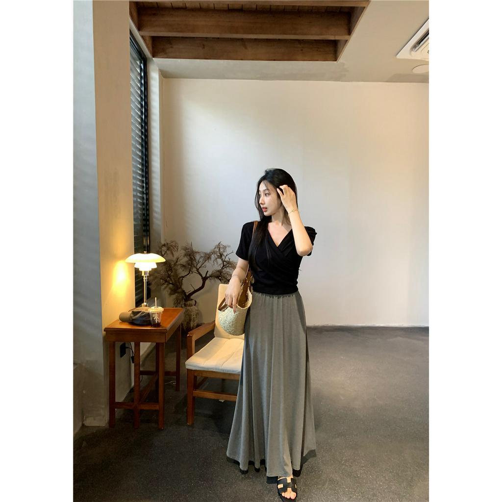 Cocory vn Bộ Áo Dệt Kim + Chân Váy Dài Lưng Thun Thời Trang Mùa Hè Phong Cách Hàn Quốc Cho Nữ