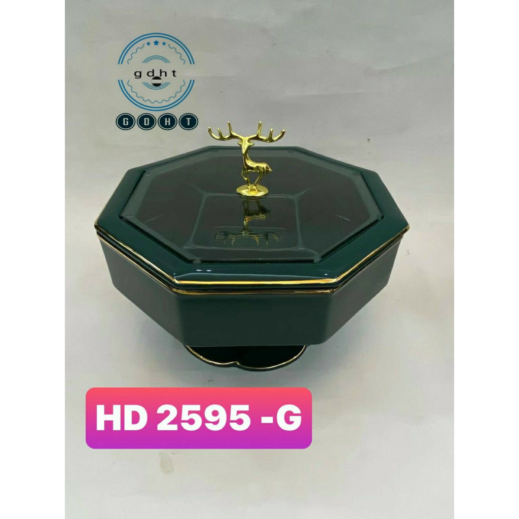 Khay mứt  bằng sứ nắp kính hình hươu cầm tay có chân xoay sang trọng