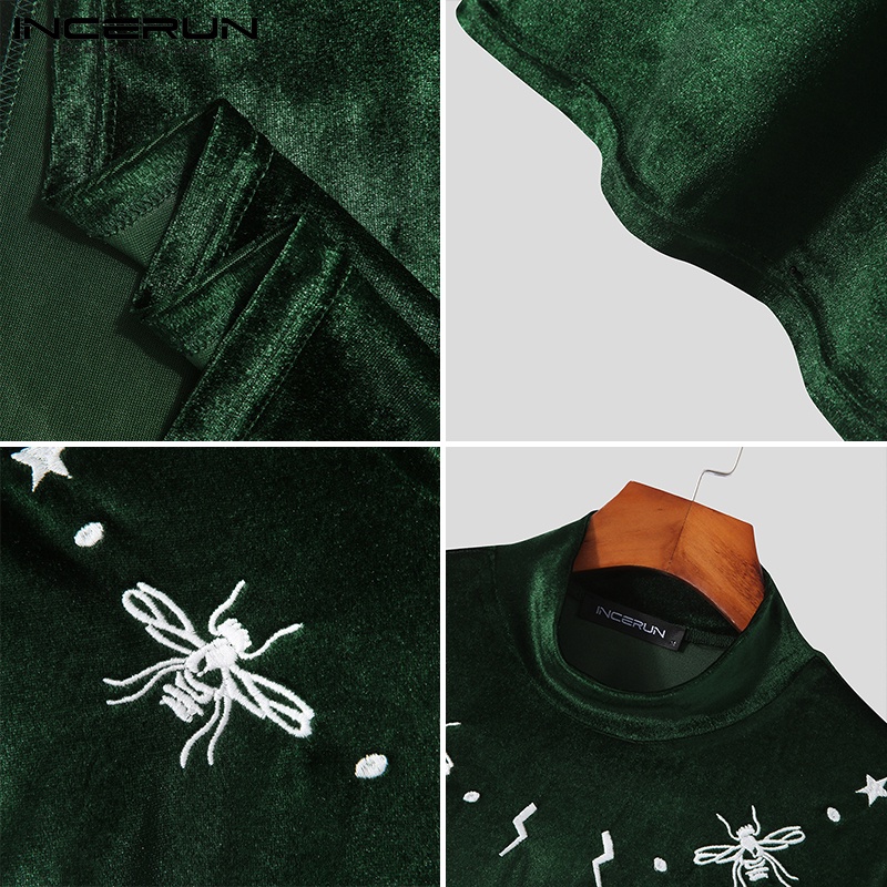 Áo thun INCERUN tay dài cổ lọ thêu họa tiết thời trang xuân thu cho nam