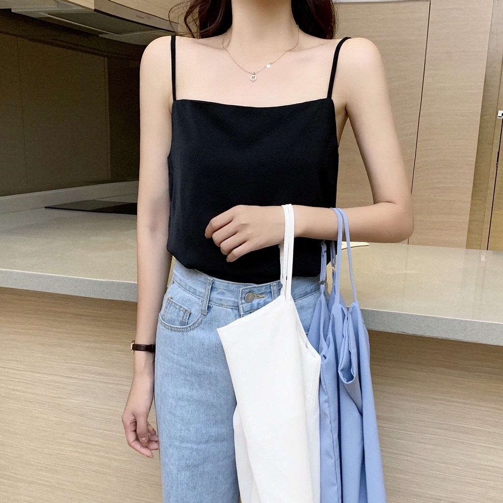 Áo Voan Sát Nách Cổ Chữ V Màu Đen Có Thể Điều Chỉnh Thời Trang Mùa Hè Cho Nữ
