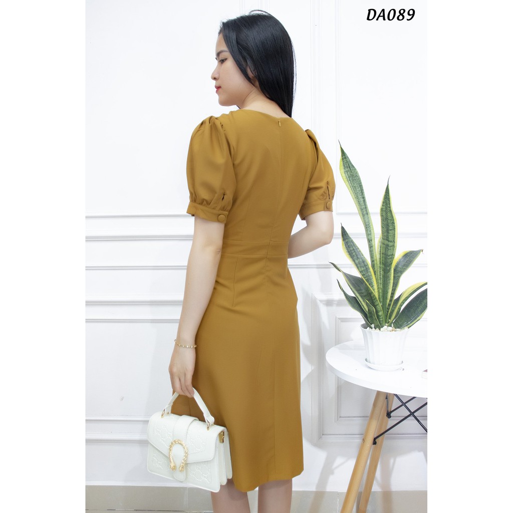 Đầm công sở thiết kế kiểu nút bộc chất cotton lạnh tay phồng ☘ Váy nữ dự tiệc sang trong - Da089 | BigBuy360 - bigbuy360.vn