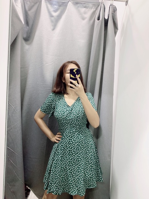 Đầm hoa nhí Blapink đầm lụa xoè cổ tim màu xanh nữ tính dịu dàng