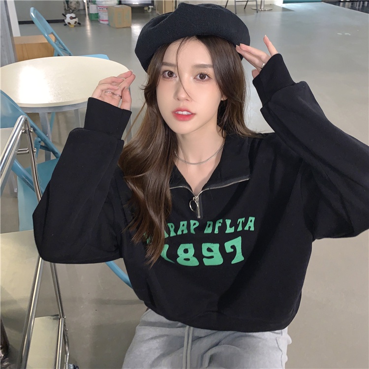Áo hoodie mỏng cổ polo phối khóa kéo thời trang cho nữ