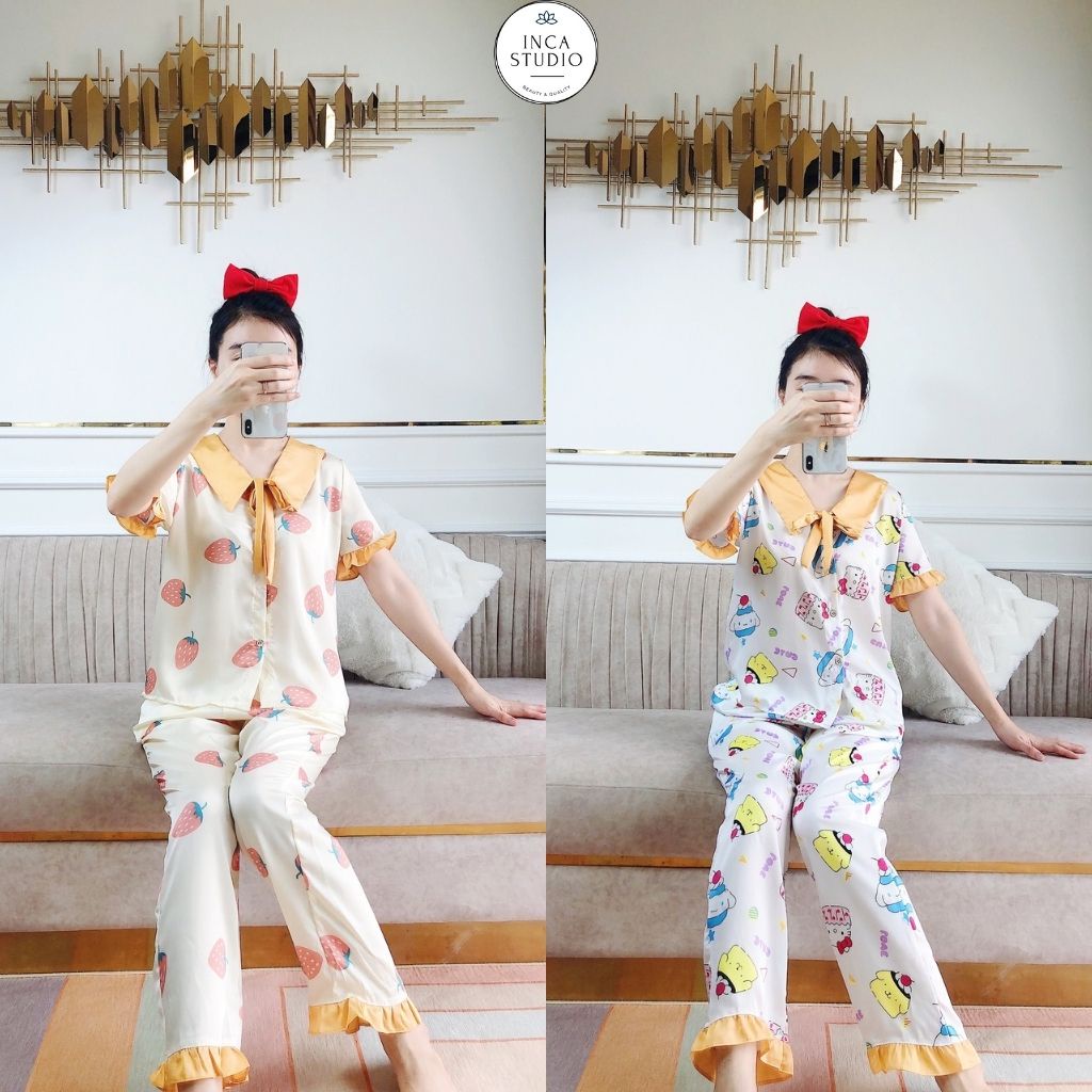 (Xả khoLoại 1-Có Size) Đồ ngủ Pyjama lụa Satin cộc dài họa tiết INCA 14- Chất Lụa thoáng mát, Họa tiết siêu xinh