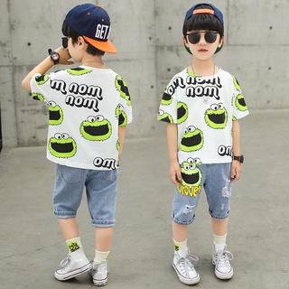 Bộ quần áo bé trai💚 set áo phông và quần ngố bò, jeans rách hình gấu grover xanh lá, style Hàn Quốc, size từ 8 đến 20 kg