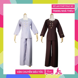 Đồ đi chùa Phật tử Nữ TRANG NHÃ THÊU, đồ lam Phật giáo đẹp, đi chùa trang nghiêm - Nhiều cỡ - Có video