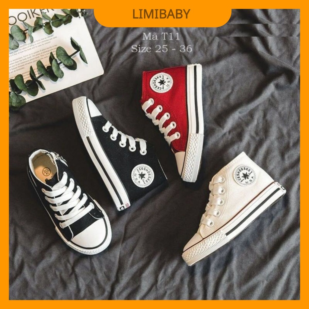 Giày thể thao bé trai bé gái T11 trẻ em học sinh tiểu trung học cột dây và khóa kéo cổ cao màu trắng, đen, đỏ năng động