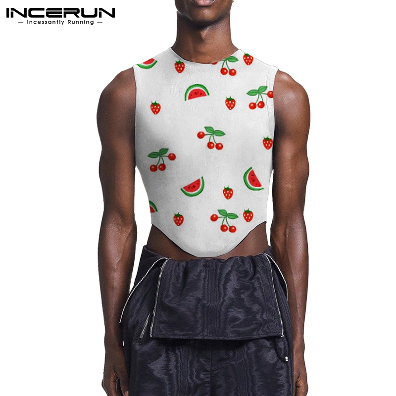 Áo không tay INCERUN họa tiết cherry xẻ tà thời trang trẻ trung cho nam