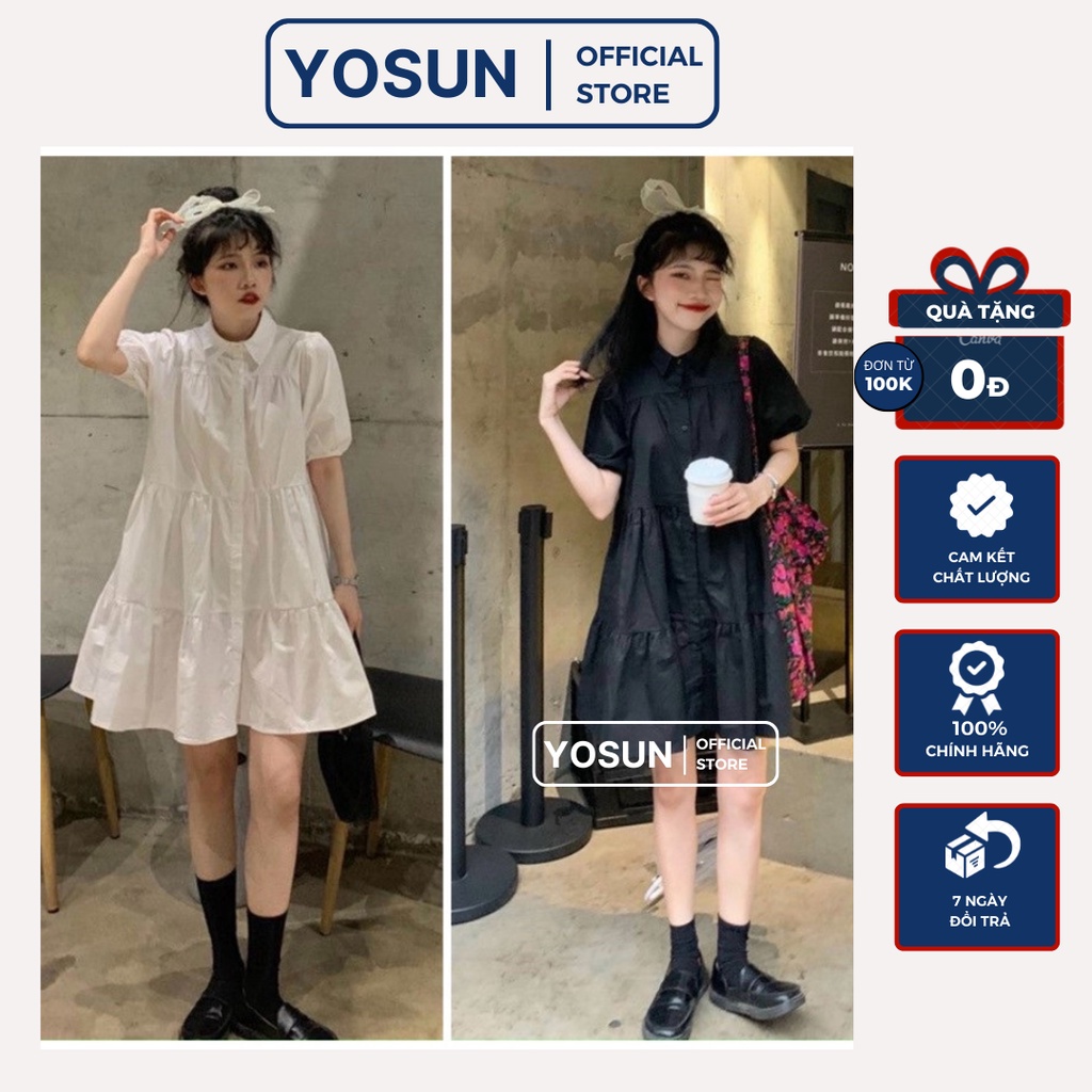 Đầm Babydoll Phong Cách Hàn Quốc Cổ Sơ Mi Tay Bồng Ngắn Dễ Thương, Váy Đi Chơi Dáng Suông Ngắn Năng Động 2 Màu Đen Trắng