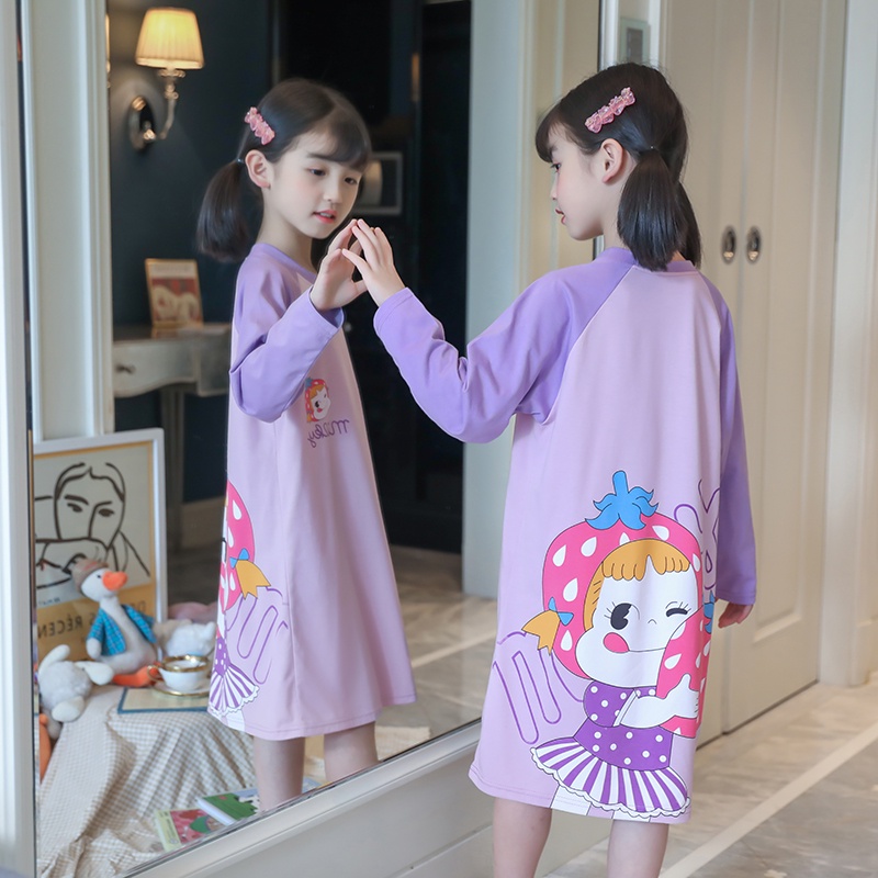 Đầm Ngủ Cotton Tay Dài In Họa Tiết Hoạt Hình Dễ Thương Cho Bé Gái