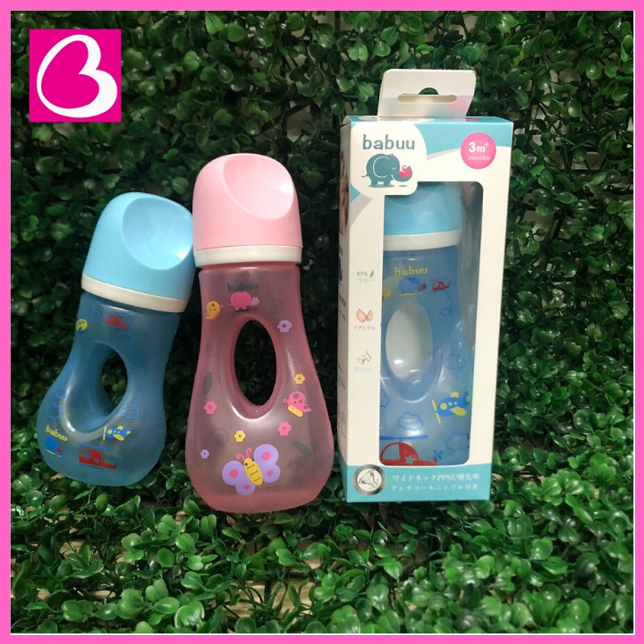 Bình sữa cổ rộng Nhật Bản Babuu Baby khoét lỗ dễ cầm nắm cho bé loại 150ml và 240ml