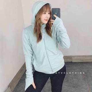 Áo khoác chống nắng GU thun có nón tay dài màu xám, xanh