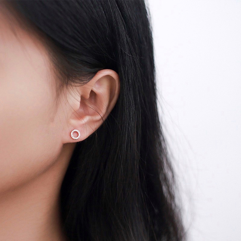 Khuyên Bạc Ta Đính Đá S925 Cao Cấp CaoBac Silver Tròn Rỗng Đá Đơn Giản, Dễ Thương Cho Bạn Gái Thanh Lịch