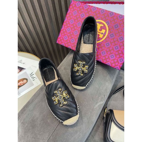 Giày lười đế cói thương hiệu Tory Burch da thật cao cấp