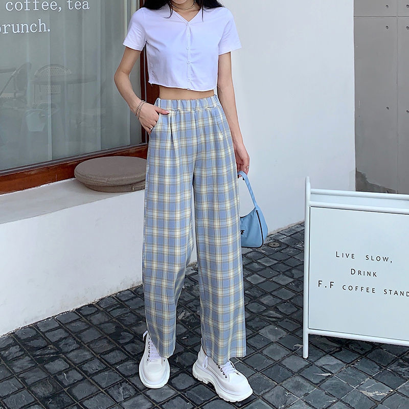Plaid pants women's summer loose and thin wide-leg pants wild straight casual pants trend