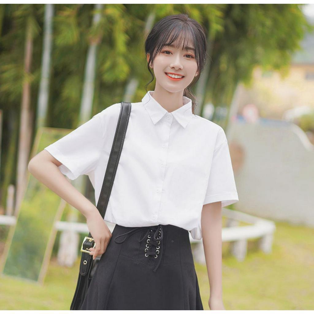 Áo sơ mi nữ học sinh màu trắng dài và cộc tay basic áo sơ mi nữ chất liệu cottton thấm hút mồ hôi tốt