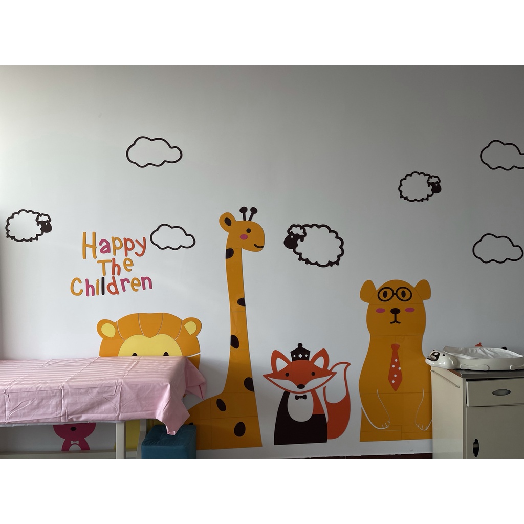 Tranh mica 3d dán tường mẫu tranh những con vật vui vẻ, trang trí mầm non, mẫu giáo, khu vui chơi