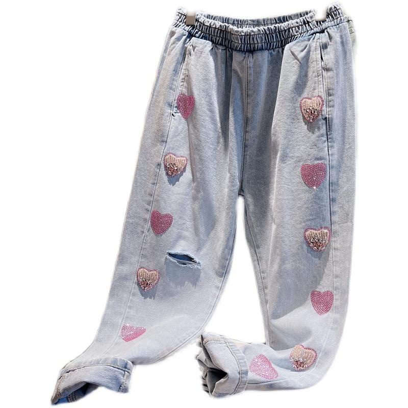 European 2022 spring new heavy industry nail bead love hole water washing light blue loose waist covering meat all kinds of daddy trousers