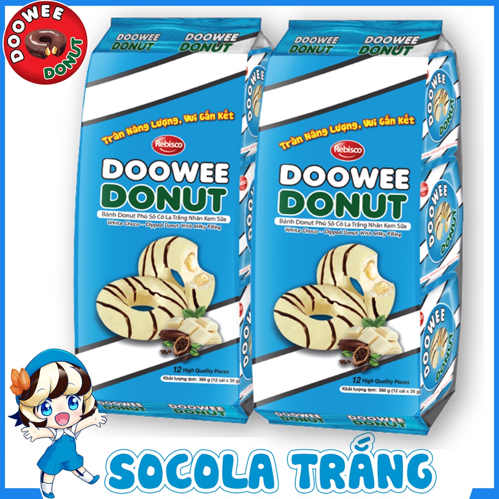 Bánh bông lan - Doowee Donut - Vị socola trắng nhân kem sữa - Combo 2 túi - Túi 12 cái/ 360 Gram