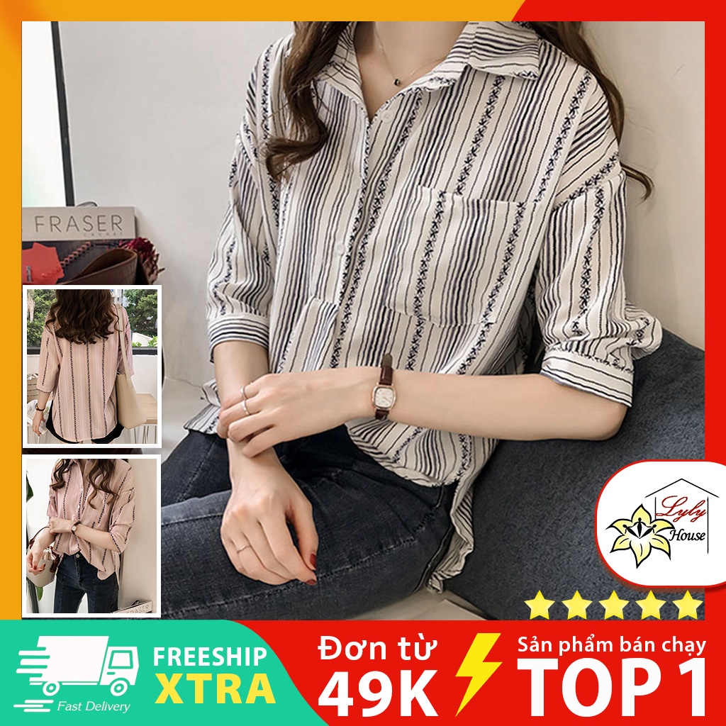 Áo sơ mi nữ công sở đẹp tay lửng họa tiết sọc form rộng có size 45 - 95kg