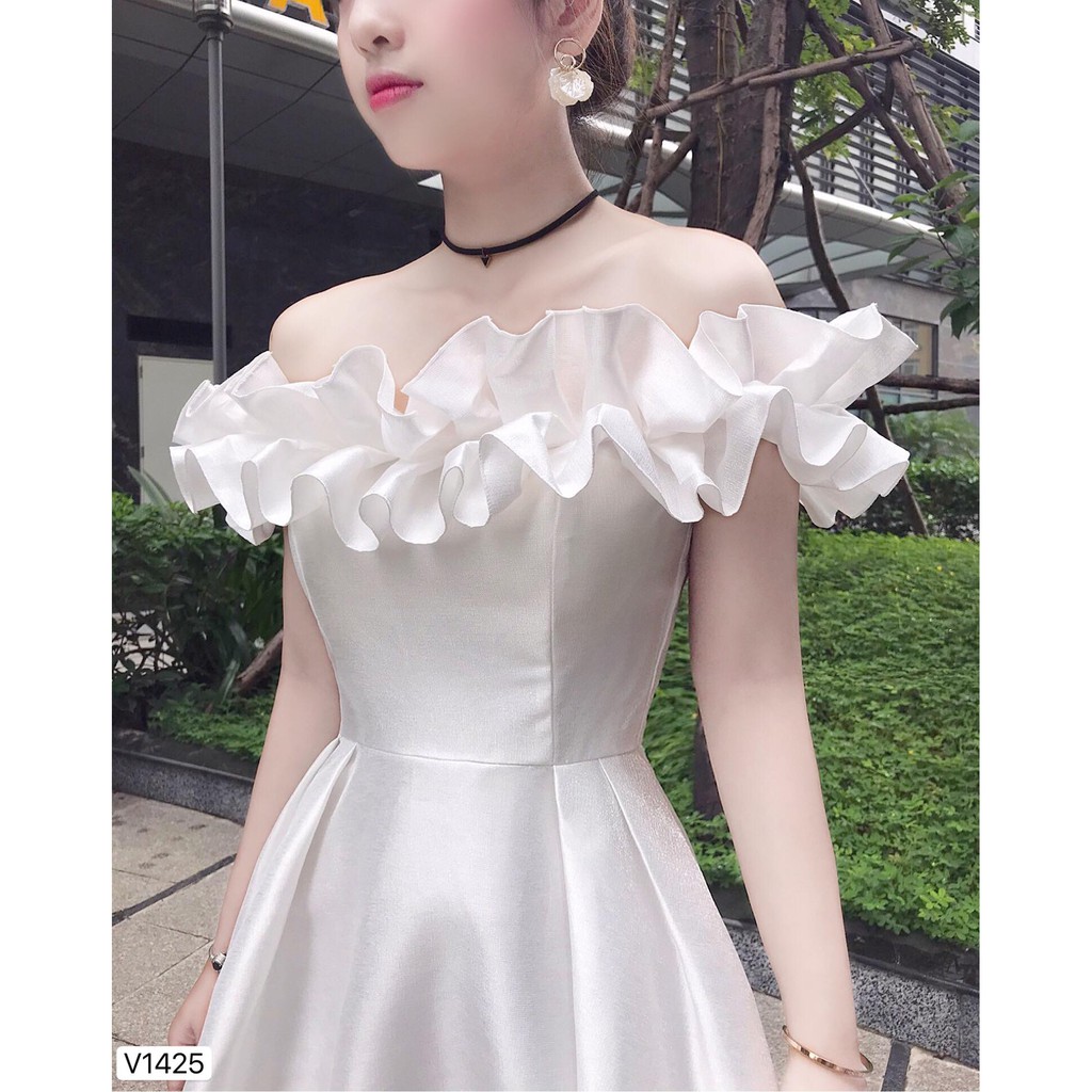 Đầm trắng trễ vai dáng xòe công chúa V1425_ Đậu Studio [Kèm ảnh thật] | BigBuy360 - bigbuy360.vn