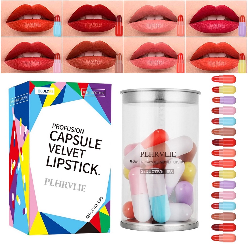 Set 16 son môi mini thiết kế hình viên thuốc con nhộng trang điểm kháng nước lâu trôi