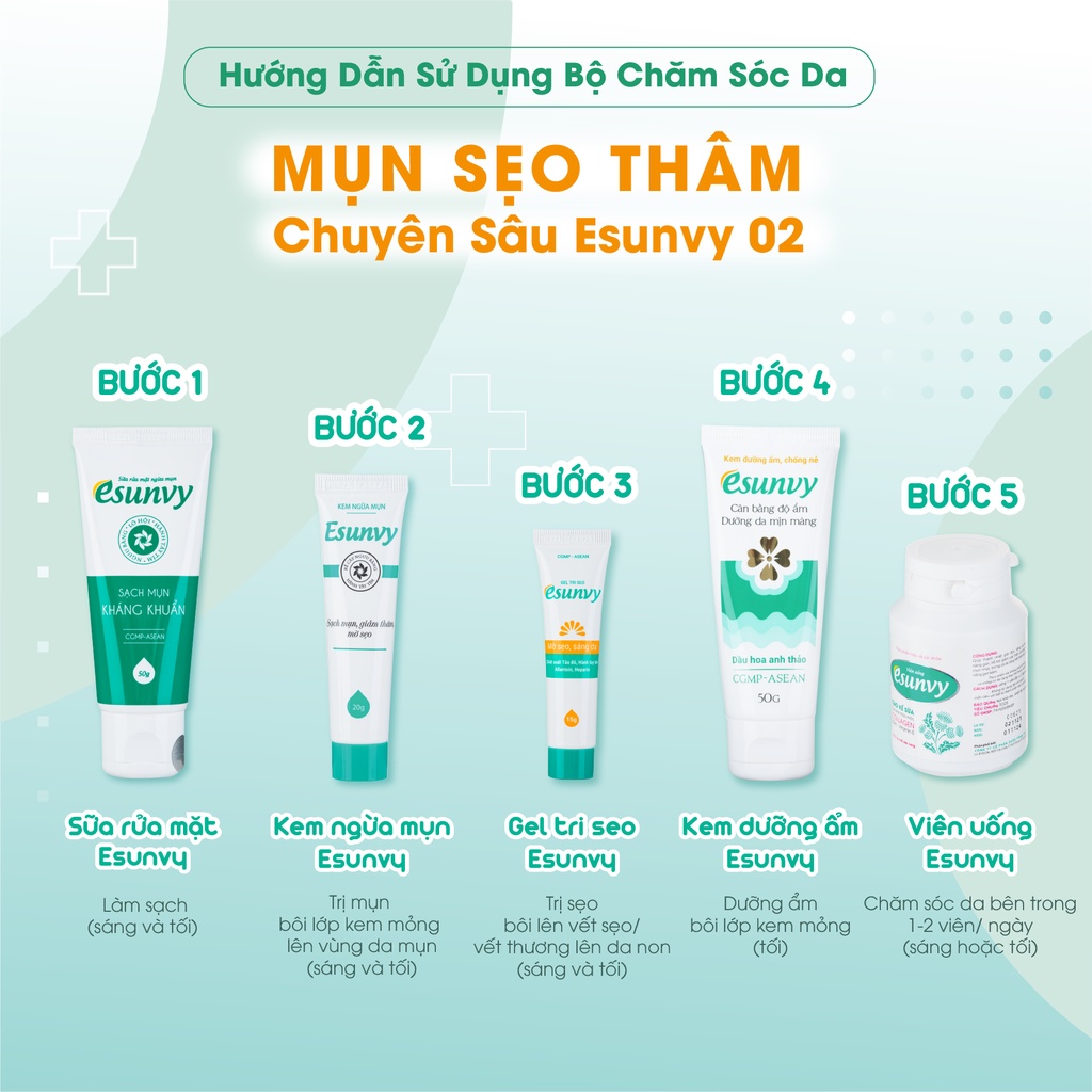 Bộ Chăm Sóc Da Mụn - Sẹo - Thâm Chuyên Sâu Esunvy - Giúp Sạch Mụn, Hết Thâm, Mờ Sẹo, An Toàn, Hiệu Quả CSDMST