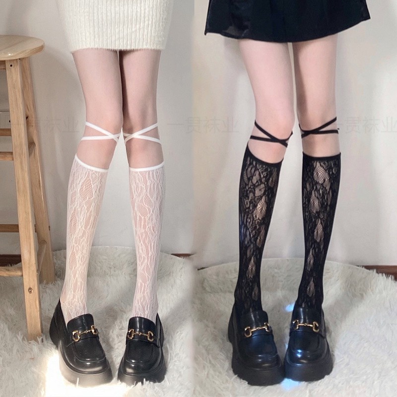 Tất ren nữ cổ cao dây buộc vintage Vớ nữ 2 màu đen trắng