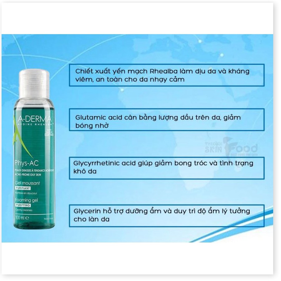 Sữa Rửa Mặt Dạng Gel Làm Sạch Da, Hỗ Trợ Giảm Mụn A-Derma Phys-AC Foaming Gel Purifying 100ml