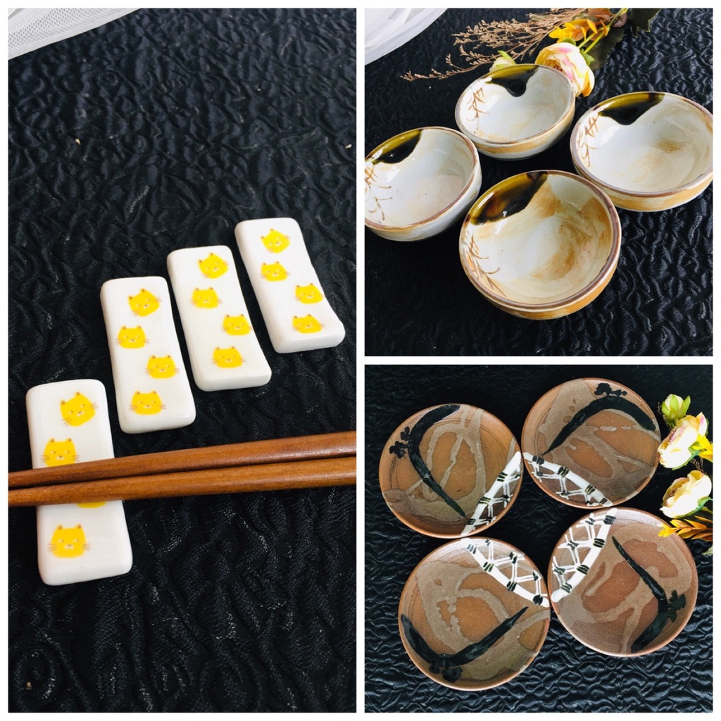 GỐM NHẬT - SET ĐĨA CHÉN CHẤM VÀ GÁC ĐŨA MÈO
